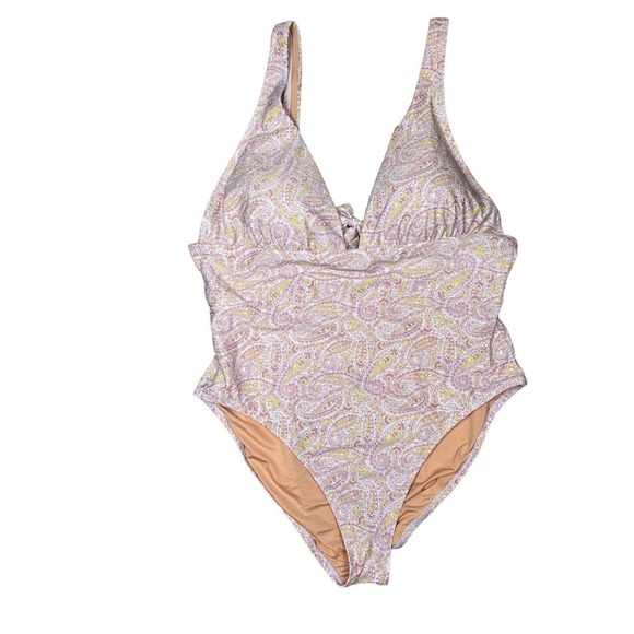 J CREW Eco Plunge V Neck One Piece Swimsuit In Pink‎ Paisley,Size 16 - Picture 1 of 5